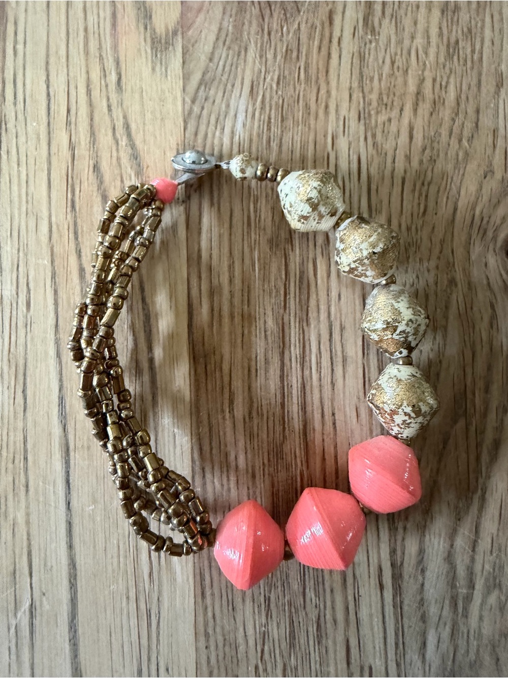 31 Bits Coral Pink and Gold Beaded Statement Bracelet